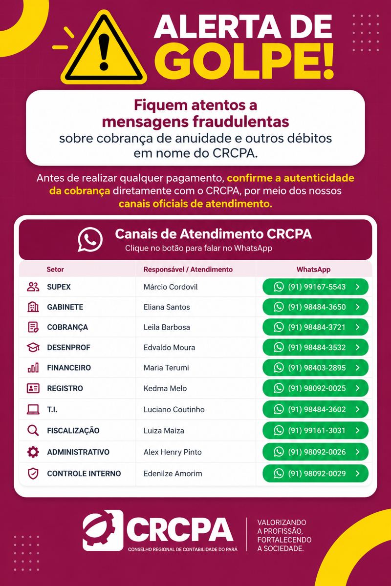 Alerta de golpe CRCPA - Canais de atendimento